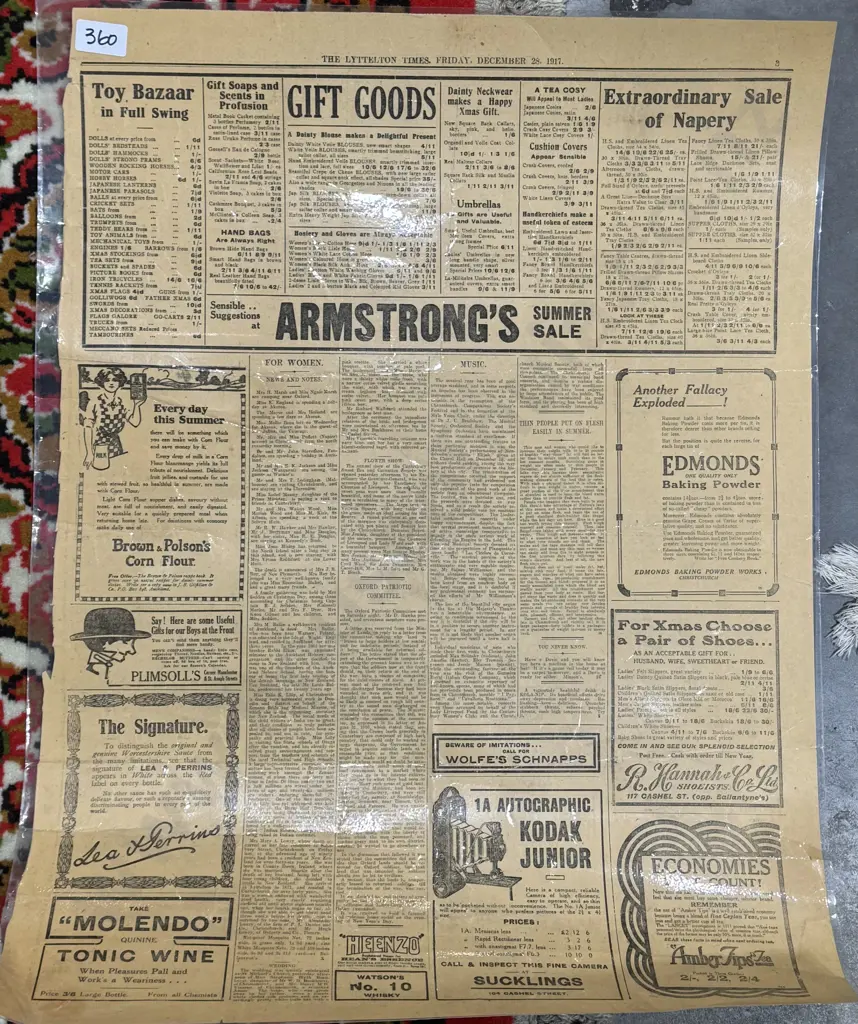 Vintage Broad Sheet Newspaper from 'The Lyttleton Times', December 28 1917, Laminated Image 1++