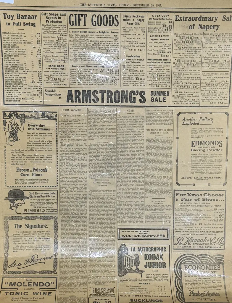 Vintage Broad Sheet Newspaper from 'The Lyttleton Times', December 28 1917, Laminated Image 1++