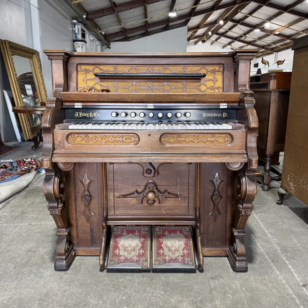 Antique Estey & Co Parlor Pump Organ w Intricate Carved Detail & Foot Pedal Driven Bellow & Keyboard w Multiple Stops Image 1++