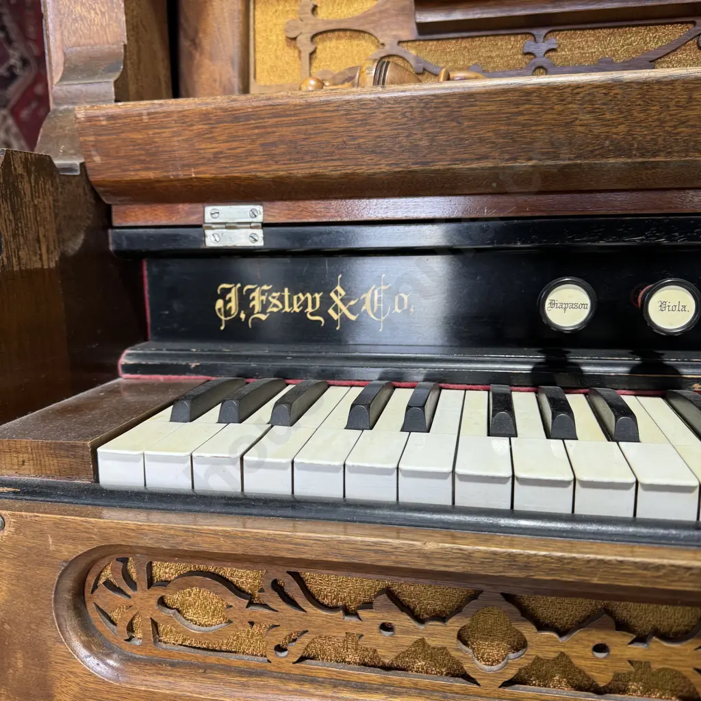 Antique Estey & Co Parlor Pump Organ w Intricate Carved Detail & Foot Pedal Driven Bellow & Keyboard w Multiple Stops Image 1++