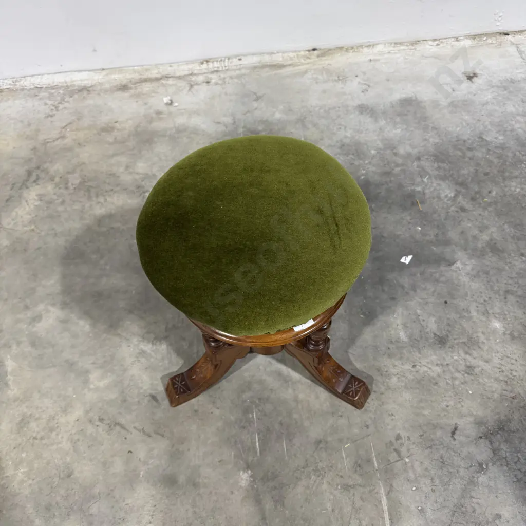 Antique Victorian Carved Wood Revolving Piano Stool w a Green Velvet Upholstered Seat & an Adjustable Screw Mechanism Image 1++