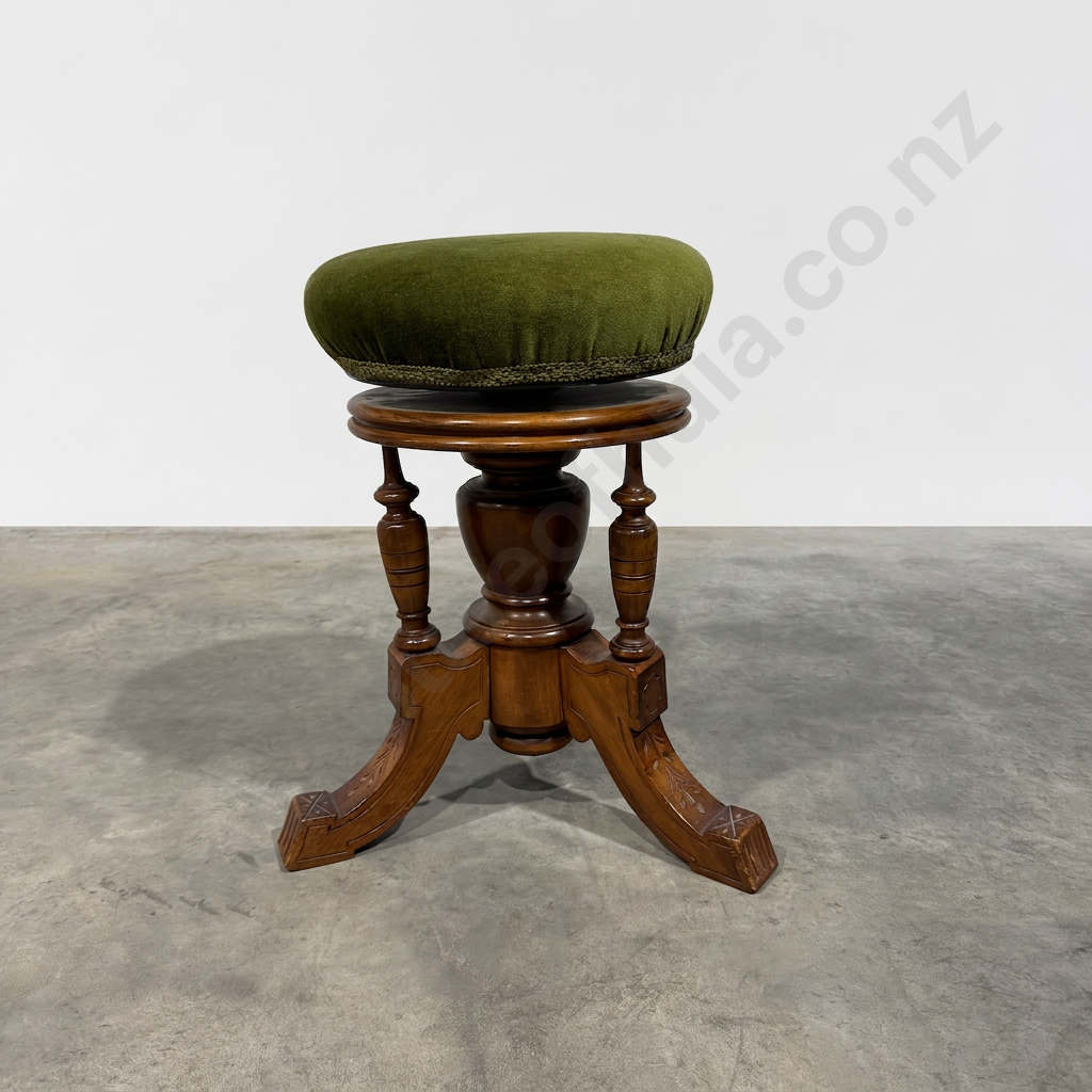 Antique Victorian Carved Wood Revolving Piano Stool w a Green Velvet Upholstered Seat & an Adjustable Screw Mechanism Image 1++