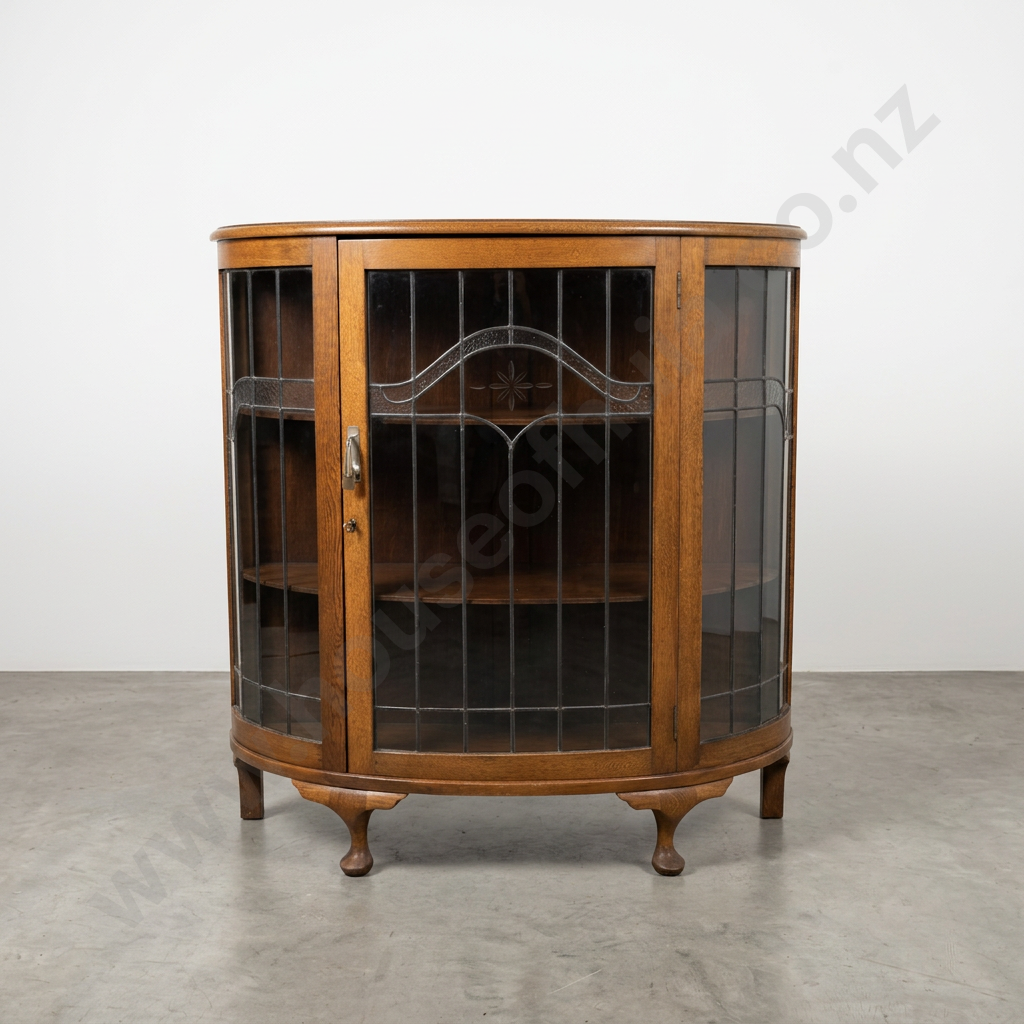 Vintage Oak Art Deco Leadlight Bowfront Cabinet Image 1++