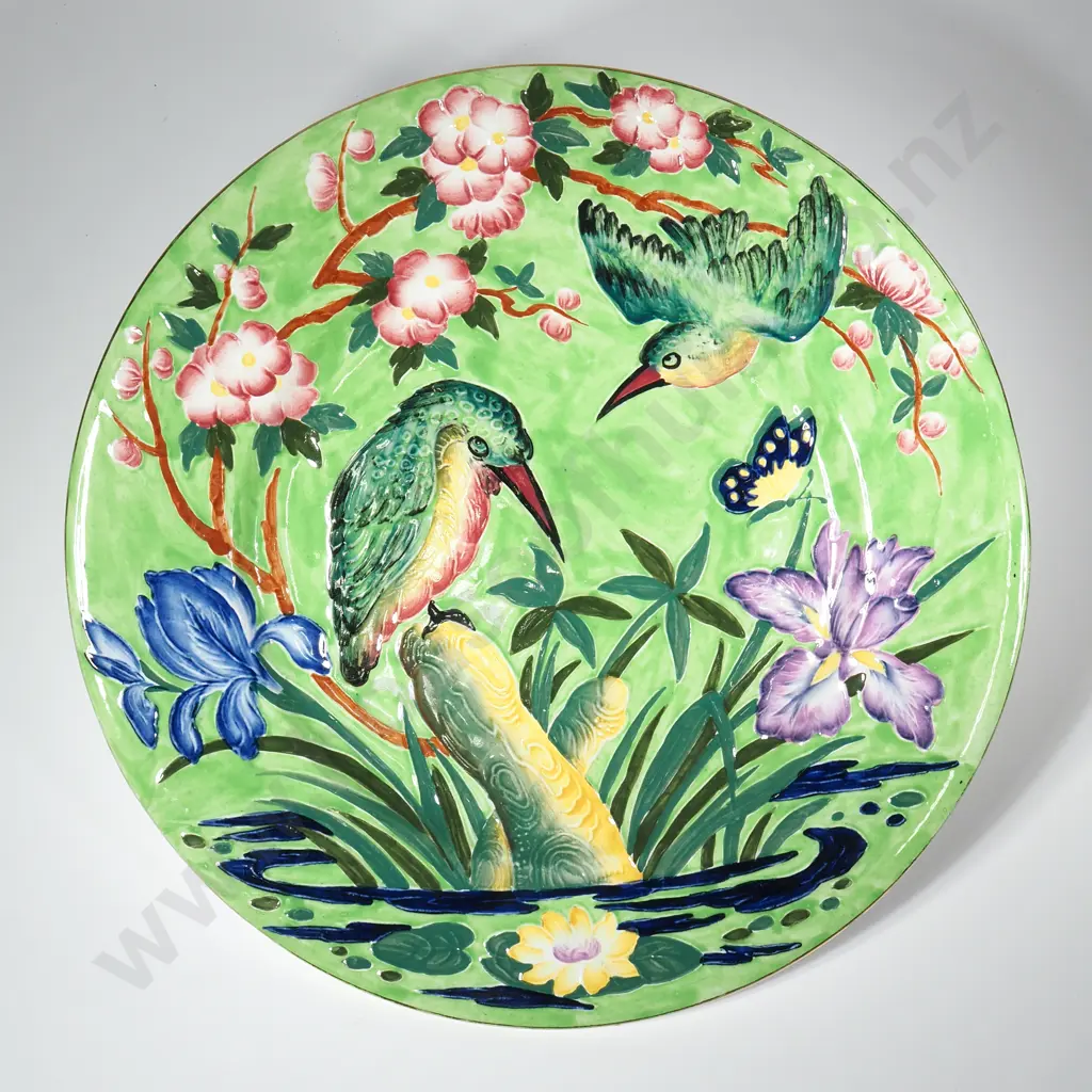 Maling Pottery Kingfisher Green Tubelined Plate w Hand Painted Embossed Birds & Floral Motifs Image 1++