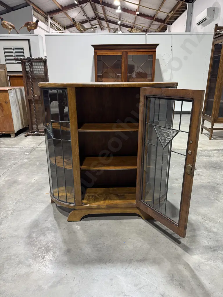 Art Deco Walnut Leadlight China Cabinet w a Curved Bow Front Image 1++