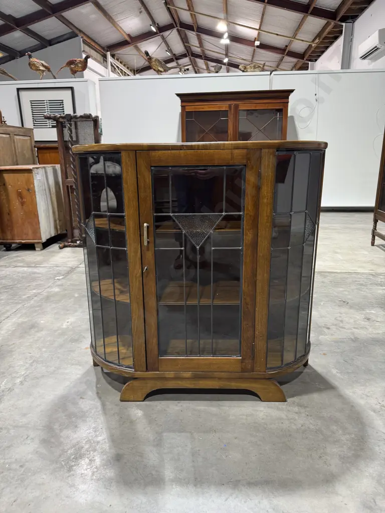 Art Deco Walnut Leadlight China Cabinet w a Curved Bow Front Image 1++
