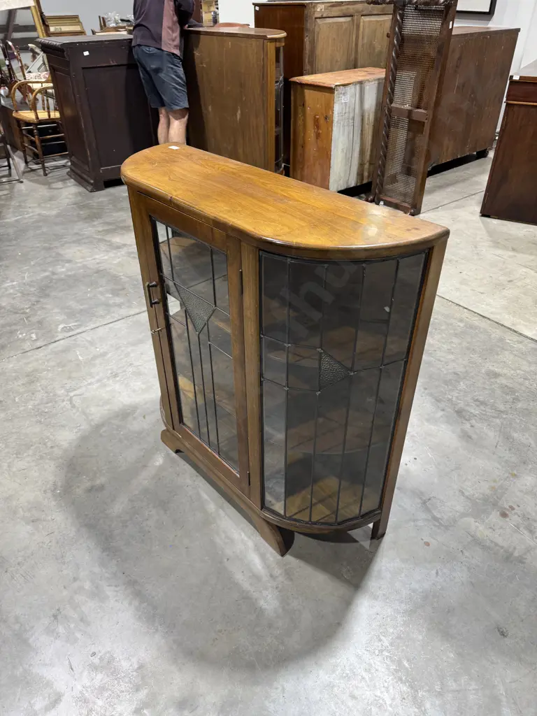 Art Deco Walnut Leadlight China Cabinet w a Curved Bow Front Image 1++