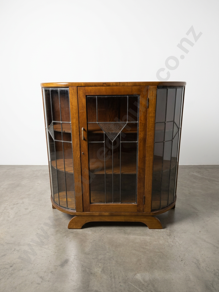 Art Deco Walnut Leadlight China Cabinet w a Curved Bow Front Image 1++