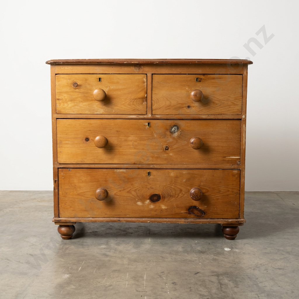 Victorian Pine Chest of Drawers w Brass Escutcheons on Turned Feet Image 1++