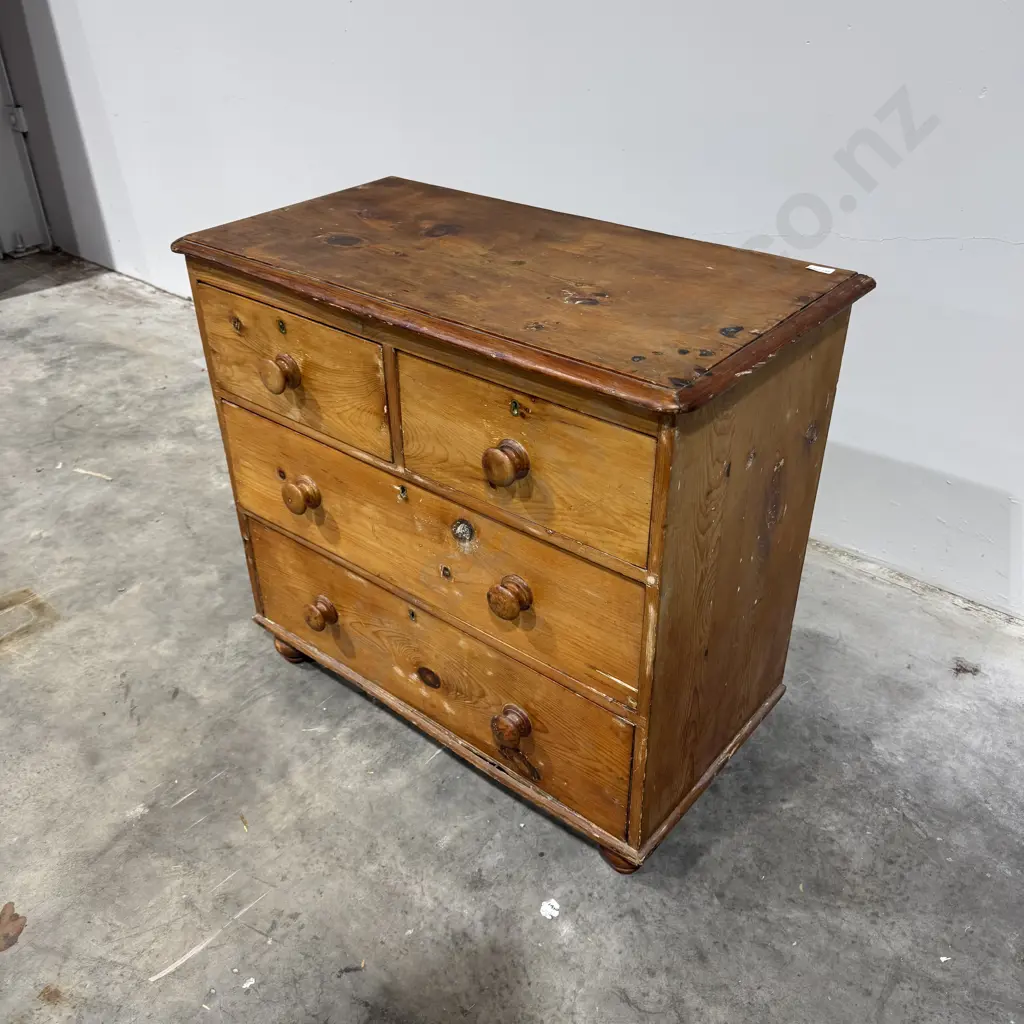 Victorian Pine Chest of Drawers w Brass Escutcheons on Turned Feet Image 1++