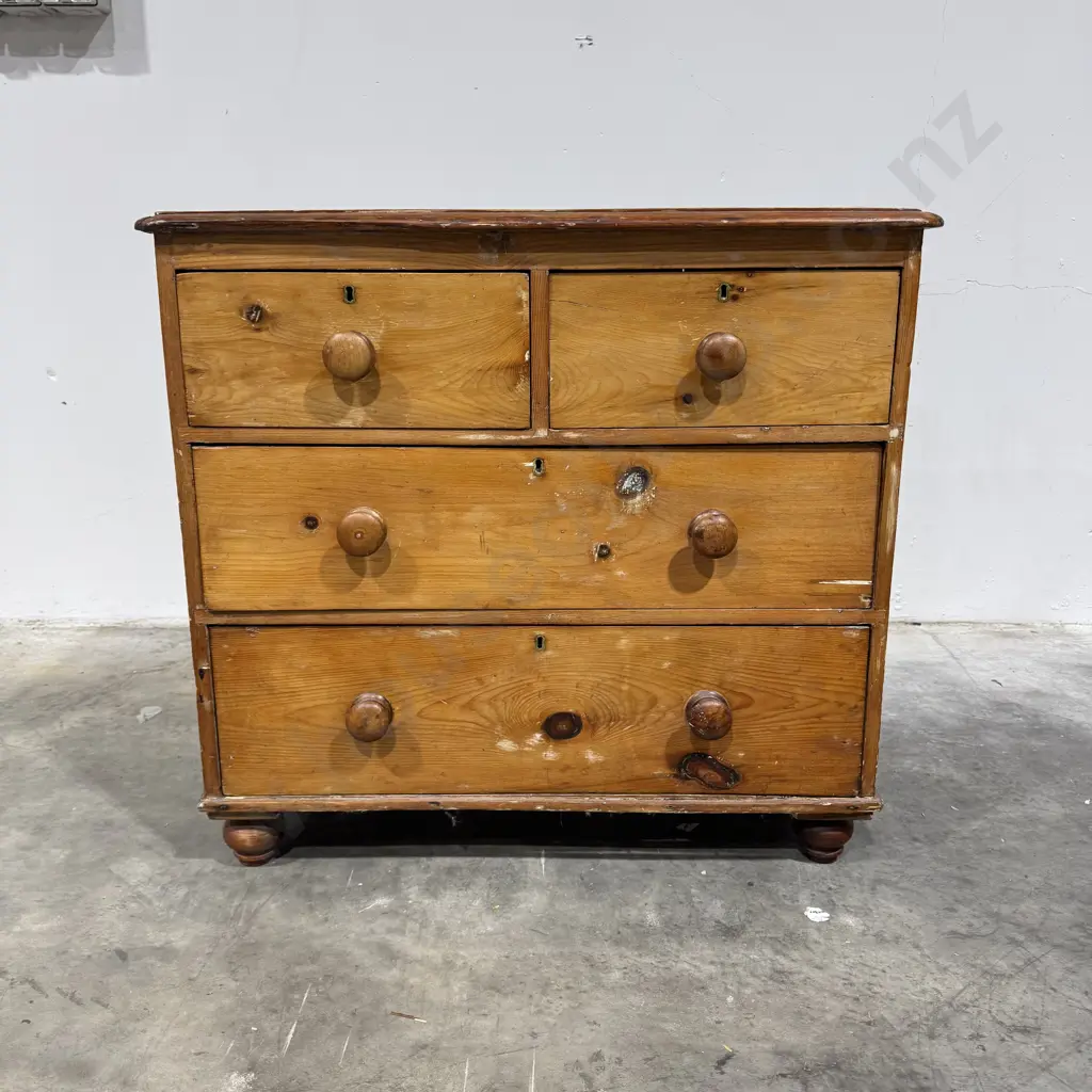 Victorian Pine Chest of Drawers w Brass Escutcheons on Turned Feet Image 1++