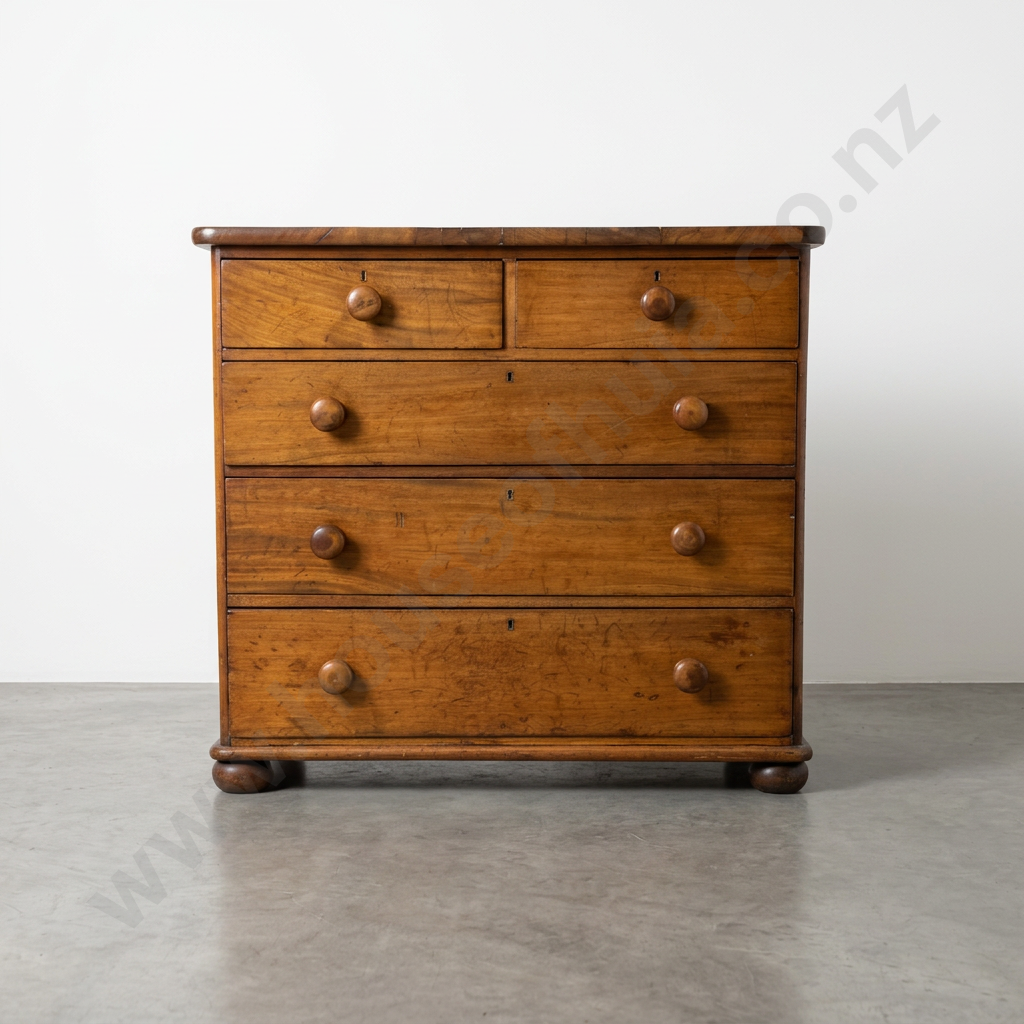 Victorian Mahogany Chest Of Five Drawers w Wooden Handles Image 1++