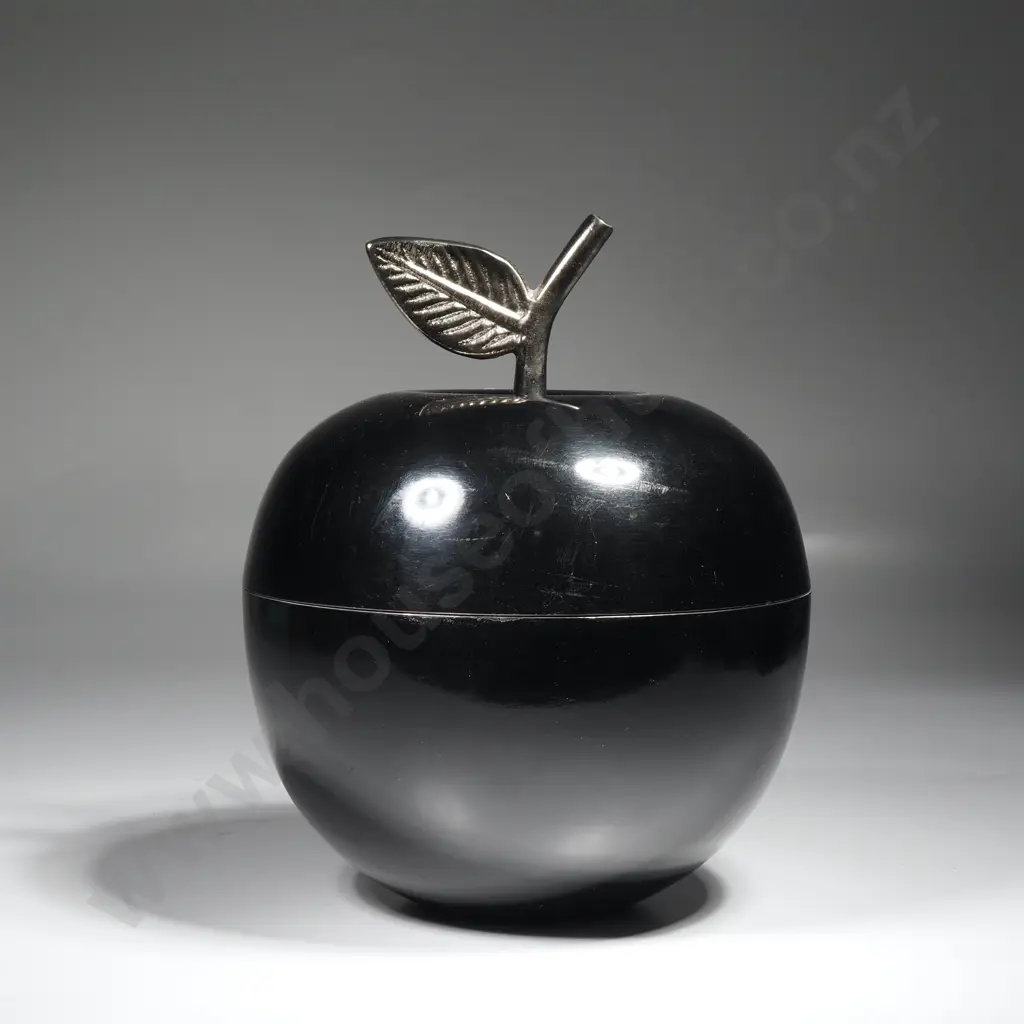 Apple Shaped Container w Black Enamel Exterior & Polished Stainless Steel Interior & Detailed Metal Stem Image 1++