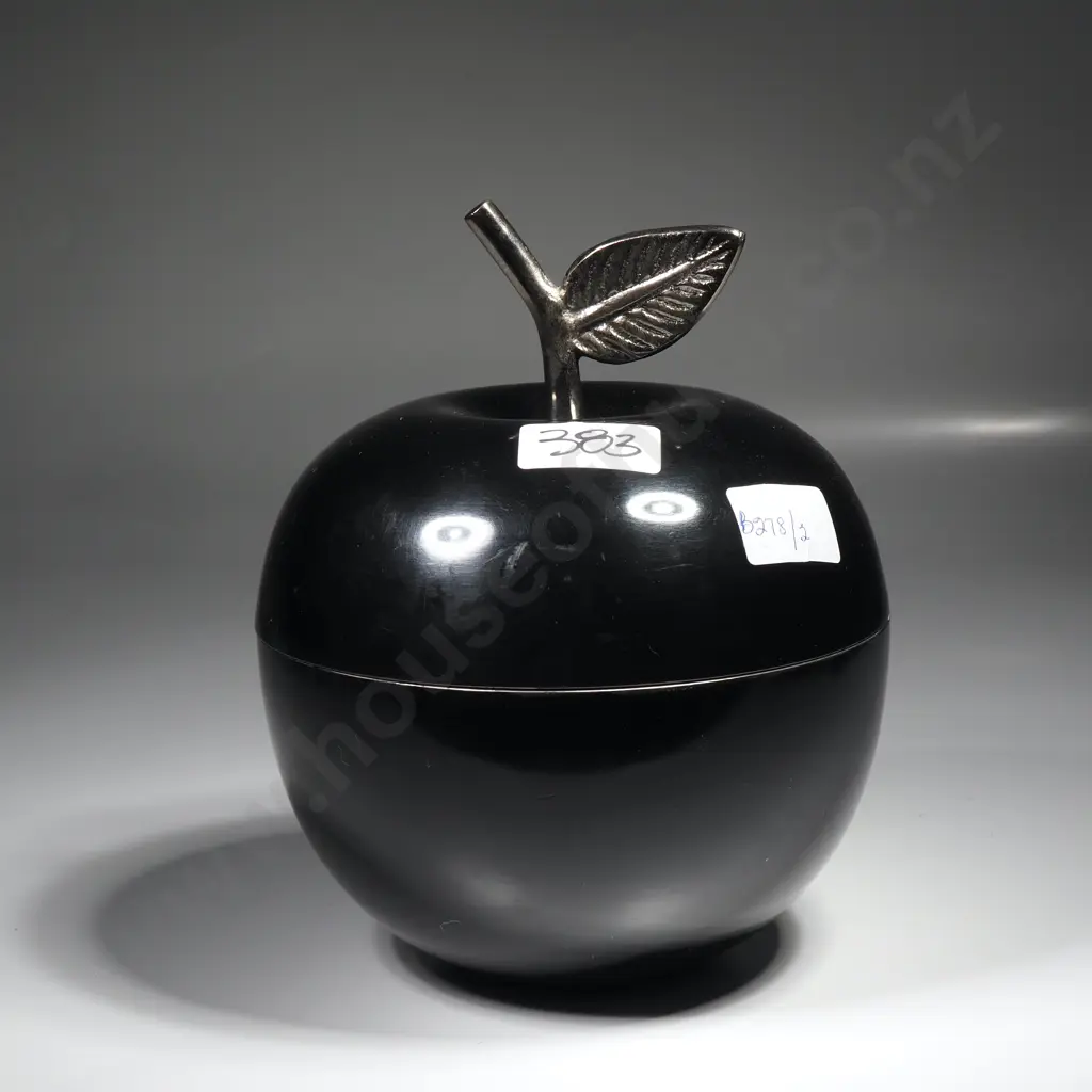 Apple Shaped Container w Black Enamel Exterior & Polished Stainless Steel Interior & Detailed Metal Stem Image 1++