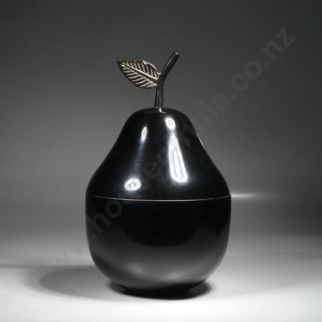 Pear Shaped Container w Black Enamel Exterior & Polished Stainless Steel Interior & Detailed Metal Stem Image 1++