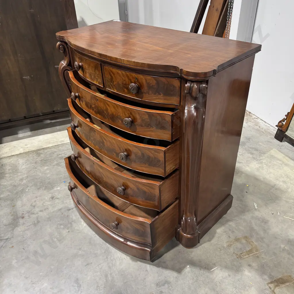 Quality Victorian Mahogany Bow Front Chest of Drawers Flanked By Scroll Supports Image 1++