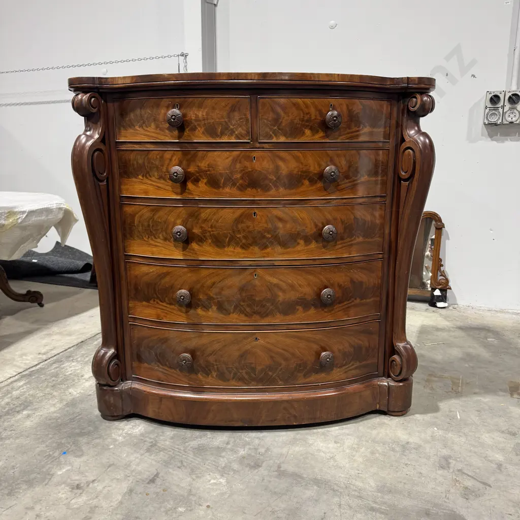 Quality Victorian Mahogany Bow Front Chest of Drawers Flanked By Scroll Supports Image 1++