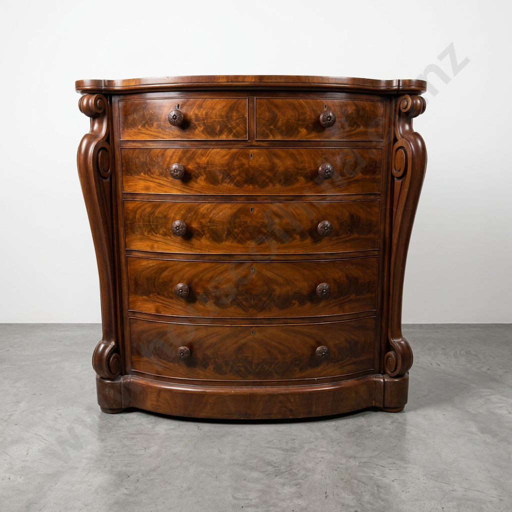 Quality Victorian Mahogany Bow Front Chest of Drawers Flanked By Scroll Supports Image 1++