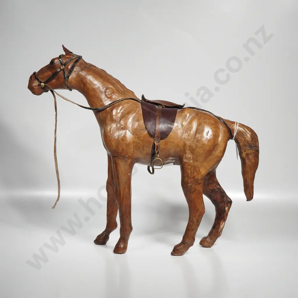 Vintage Leather Wrapped Wooden Horse Equine Statue w Saddle & Bridal, & w Meticulous Attention to Detail Image 1++