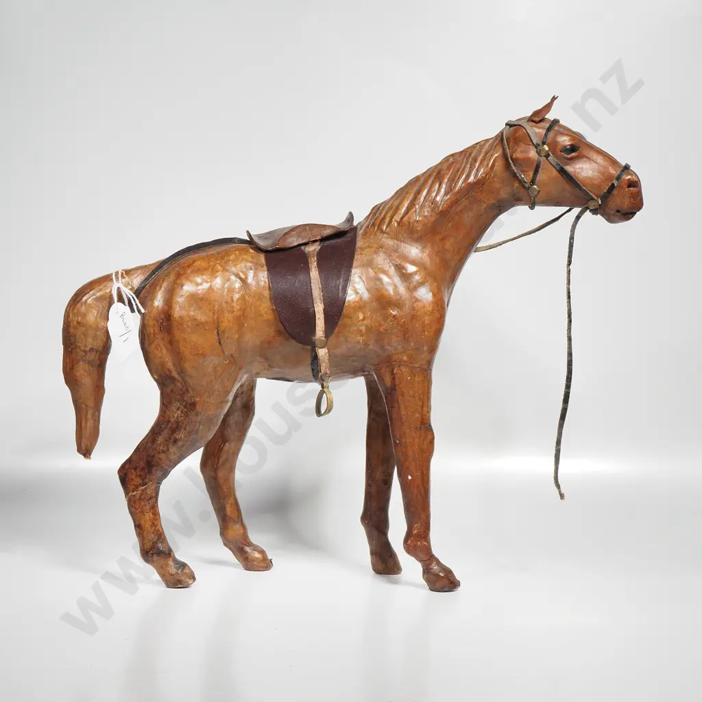 Vintage Leather Wrapped Wooden Horse Equine Statue w Saddle & Bridal, & w Meticulous Attention to Detail Image 1++