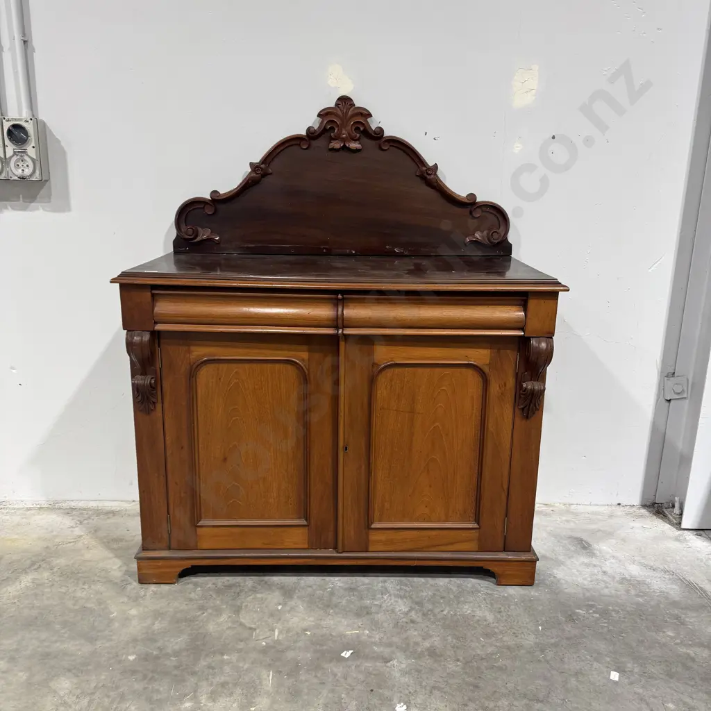 Victorian Mahogany Sideboard w Two Drawers Over Two Cupboards Flanked by Scroll & Acanthus Leaf Decoration Image 1++
