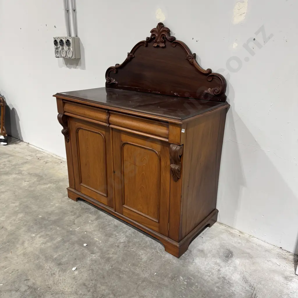 Victorian Mahogany Sideboard w Two Drawers Over Two Cupboards Flanked by Scroll & Acanthus Leaf Decoration Image 1++