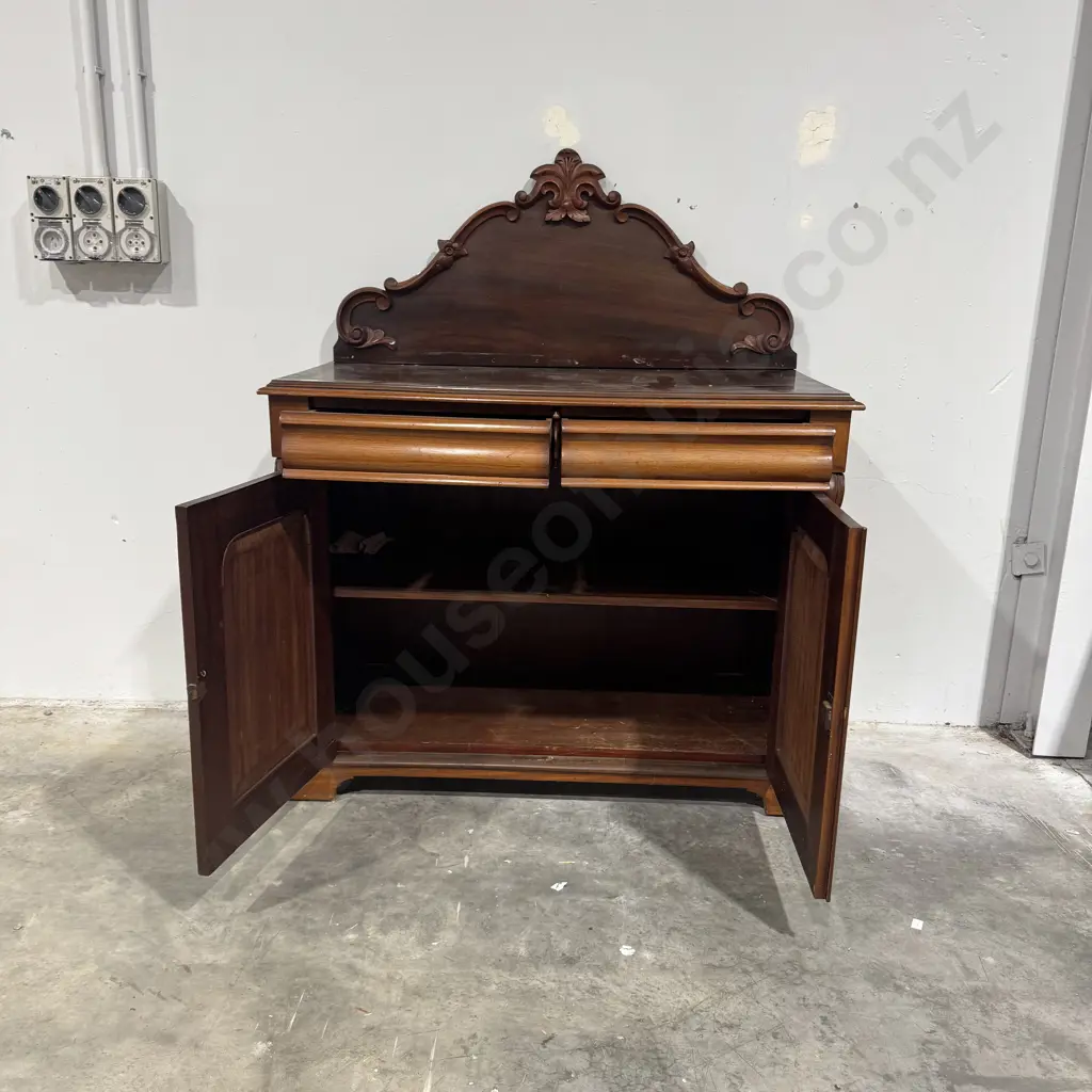 Victorian Mahogany Sideboard w Two Drawers Over Two Cupboards Flanked by Scroll & Acanthus Leaf Decoration Image 1++