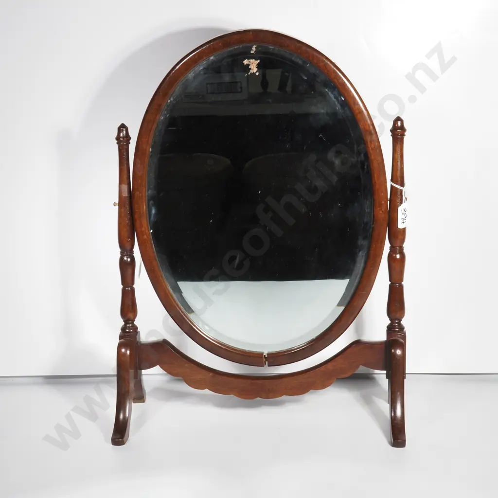 Oval Mahogany Toilet Mirror w Turned Supports Image 1++