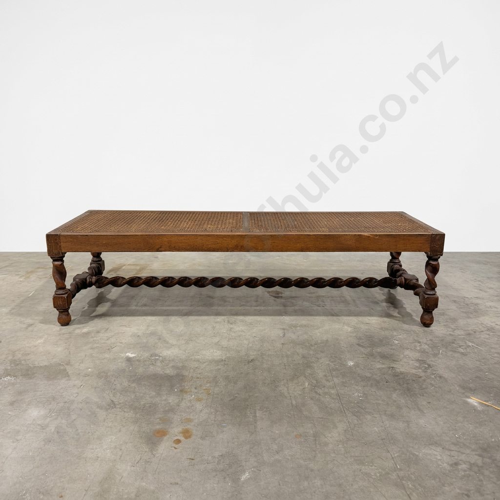 Vintage Oak Long Footstool w Cane Top & Barley Twist Stretcher Base Image 1++