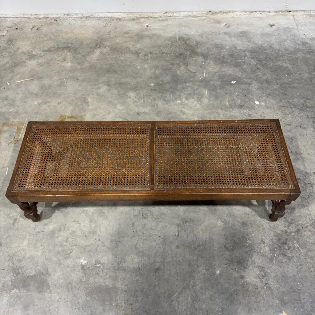 Vintage Oak Long Footstool w Cane Top & Barley Twist Stretcher Base Image 1++