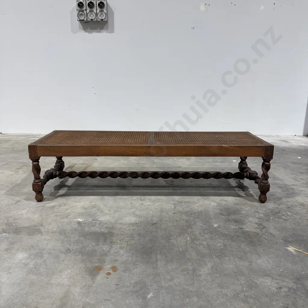 Vintage Oak Long Footstool w Cane Top & Barley Twist Stretcher Base Image 1++