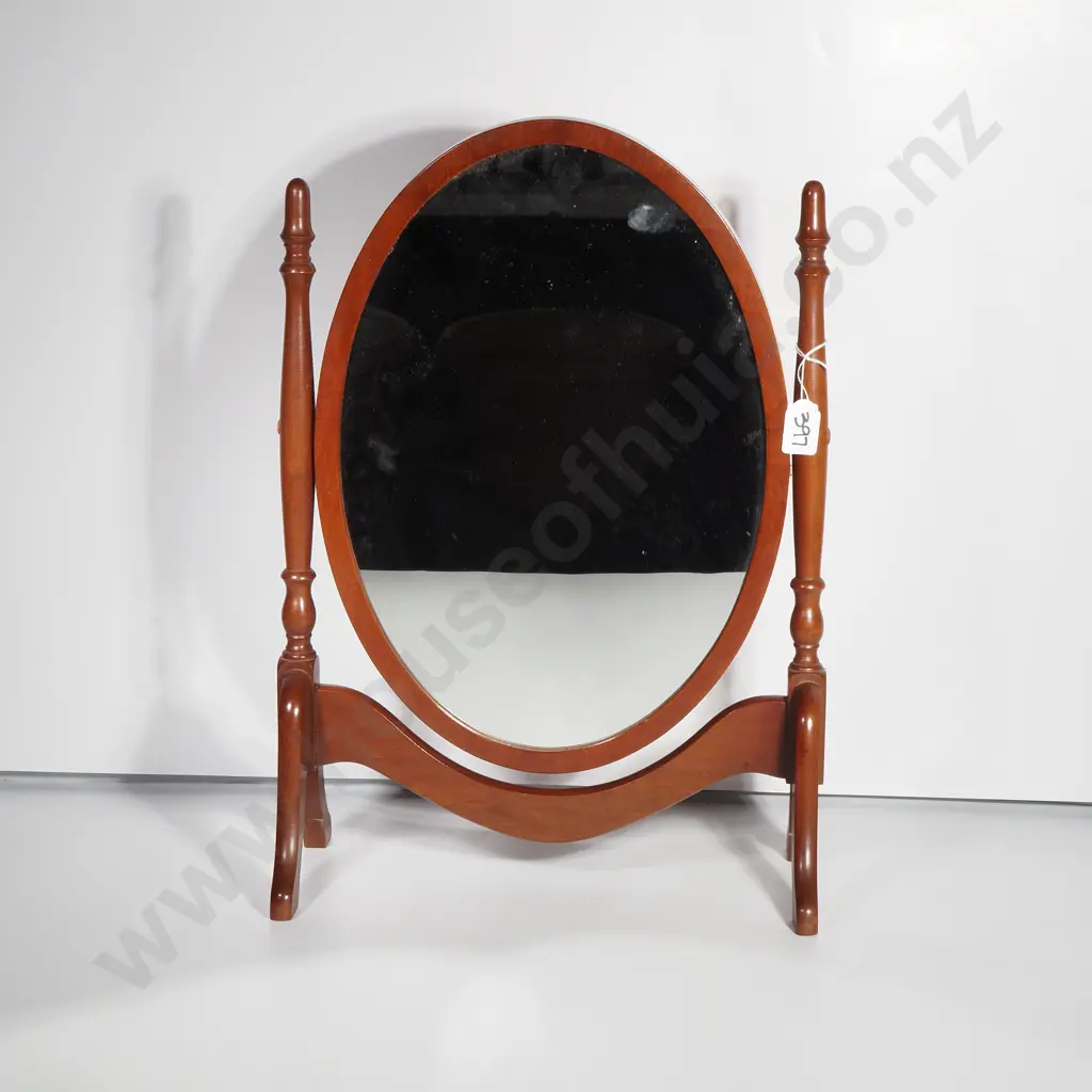Oval Mahogany Toilet Mirror w Turned Supports Image 1++