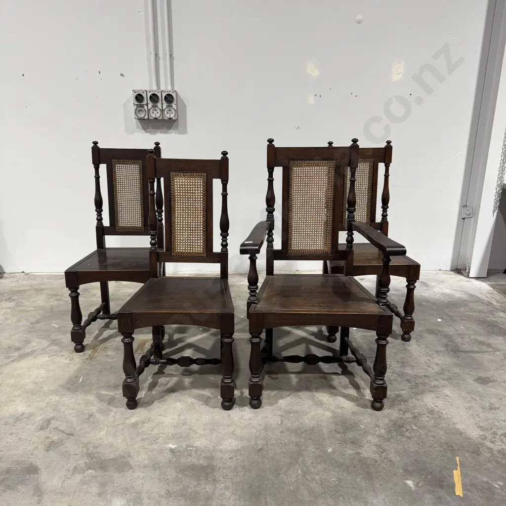 Set of Three Oak Carolean Style Dining Chairs & One Carver w Turned Legs & Cane Back Panels Image 1++