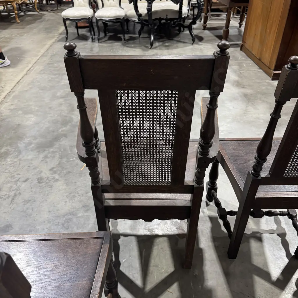 Set of Three Oak Carolean Style Dining Chairs & One Carver w Turned Legs & Cane Back Panels Image 1++