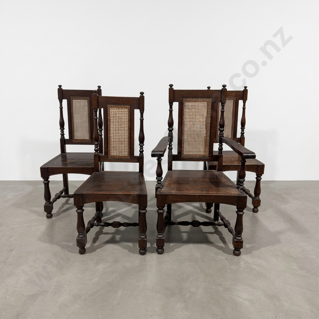 Set of Three Oak Carolean Style Dining Chairs & One Carver w Turned Legs & Cane Back Panels Image 1++