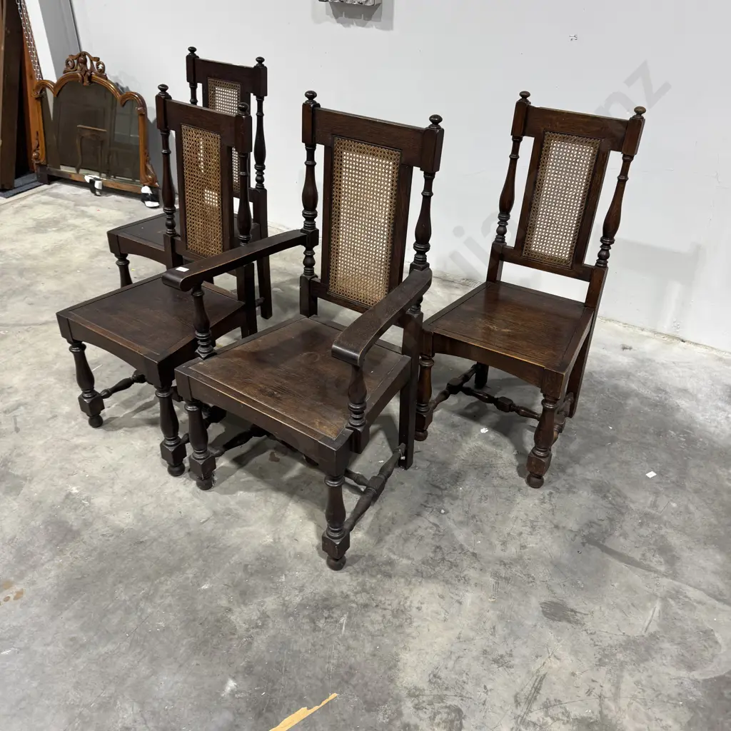 Set of Three Oak Carolean Style Dining Chairs & One Carver w Turned Legs & Cane Back Panels Image 1++