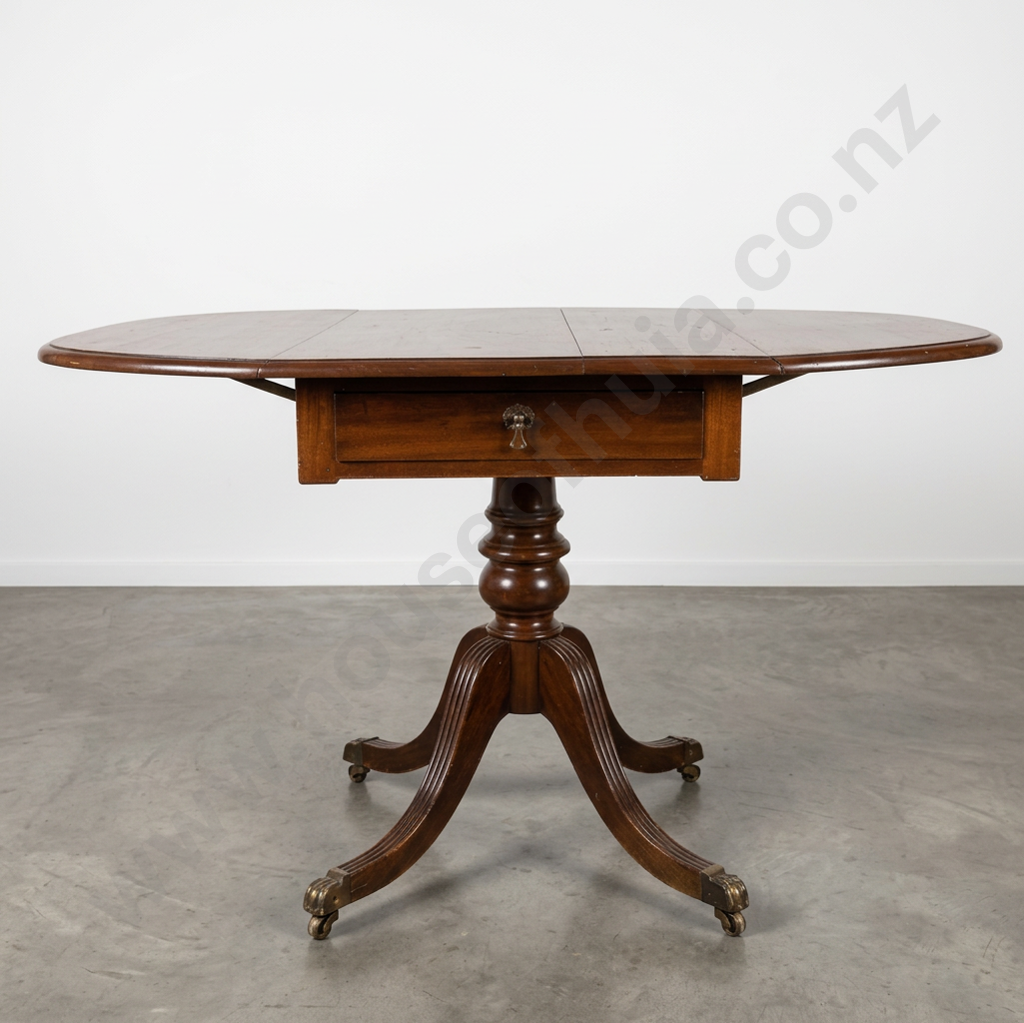 Mahogany Sofa Table w Drop Sides & with a Frieze Drawer & Four Point Pedestal Base Terminating in Brass Paw Feet Image 1++