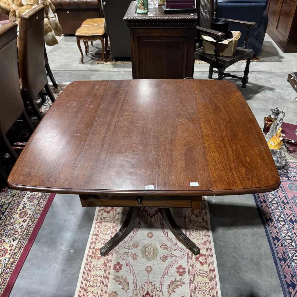 Mahogany Sofa Table w Drop Sides & with a Frieze Drawer & Four Point Pedestal Base Terminating in Brass Paw Feet Image 1++