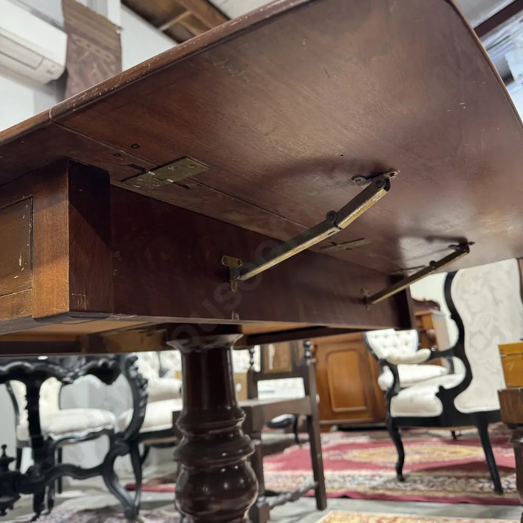 Mahogany Sofa Table w Drop Sides & with a Frieze Drawer & Four Point Pedestal Base Terminating in Brass Paw Feet Image 1++