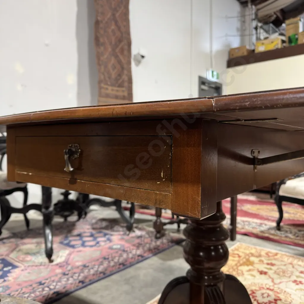 Mahogany Sofa Table w Drop Sides & with a Frieze Drawer & Four Point Pedestal Base Terminating in Brass Paw Feet Image 1++