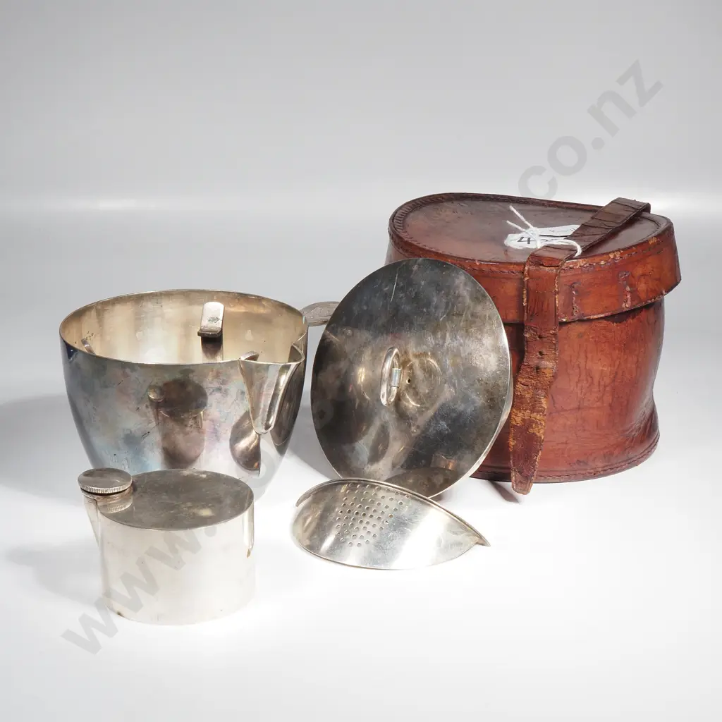 Collectable Multi Piece Vintage Silver Plated Travel Picnic Kettle in Leather Holder w Spirit Burner Image 1++