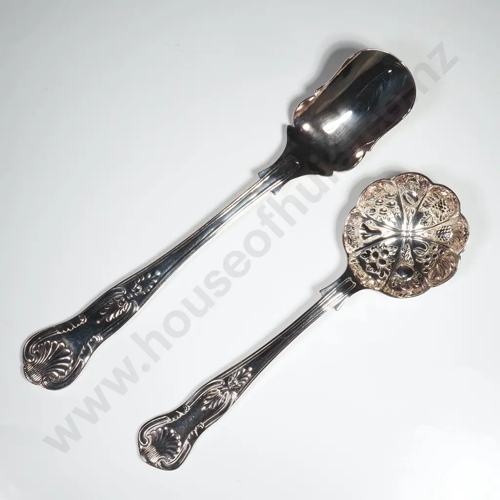 Two Boxed Silver Plated Kings Pattern Spoons - One a Berry Spoon w Ornate Berry Pattern Bowl & the other a Stilton Scoop Image 1++