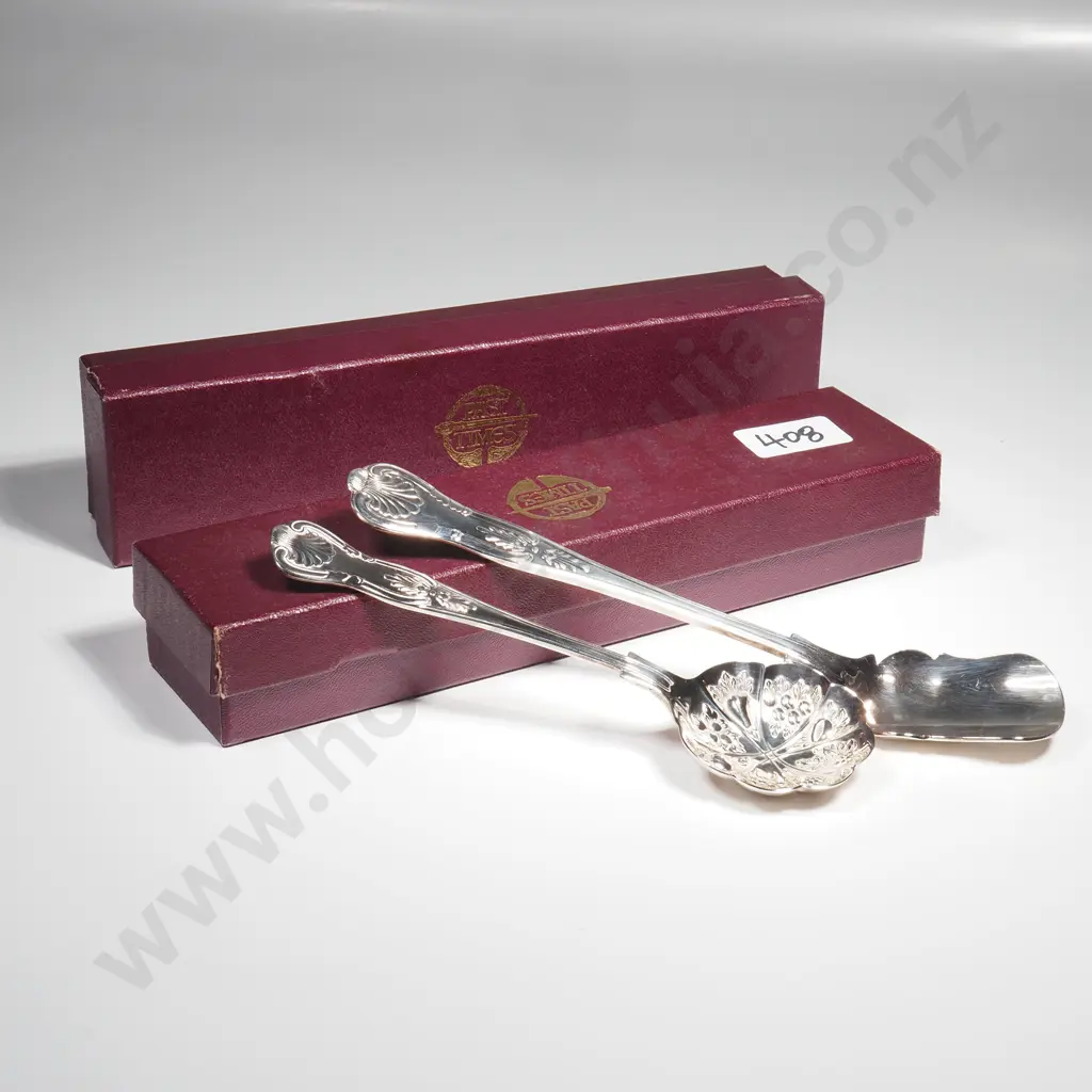Two Boxed Silver Plated Kings Pattern Spoons - One a Berry Spoon w Ornate Berry Pattern Bowl & the other a Stilton Scoop Image 1++