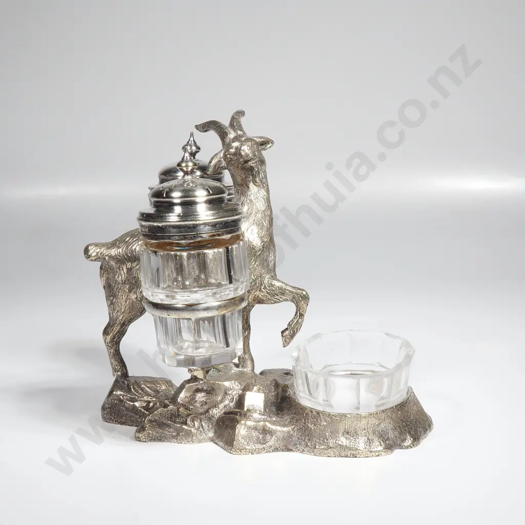 Victorian Novelty Figural Goat Cruet Set Depicting a Goat Carrying Basket & w Two Silver Shakers & a Salt Container Image 1++