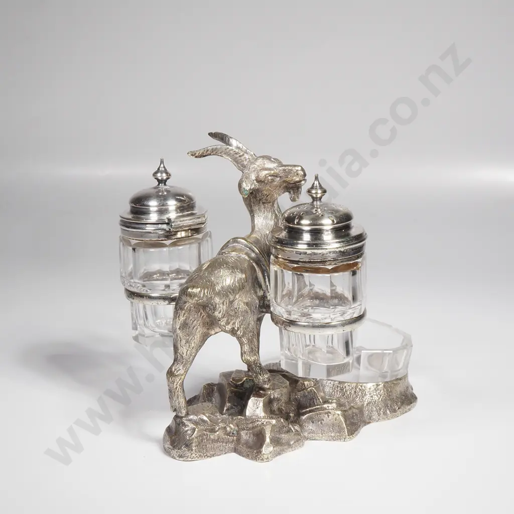 Victorian Novelty Figural Goat Cruet Set Depicting a Goat Carrying Basket & w Two Silver Shakers & a Salt Container Image 1++