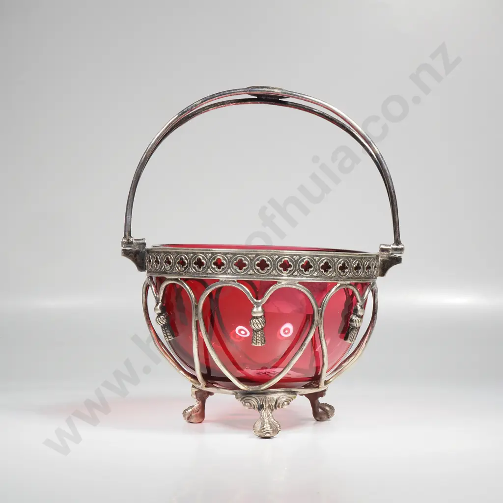 Antique S/Plate Candy Basket w Ruby Glass Liner Image 1++