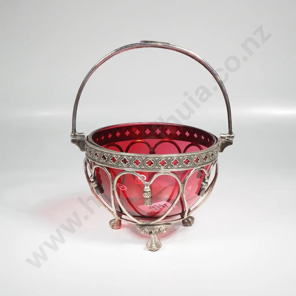 Antique S/Plate Candy Basket w Ruby Glass Liner Image 1++