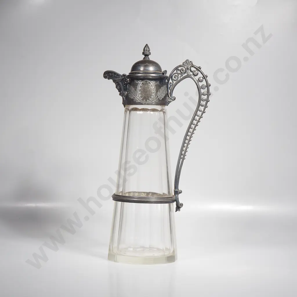 Victorian Silver Plated Claret Jug w Faceted Glass Body & Silver Plated Mounts & Decorative Openwork Handle Image 1++