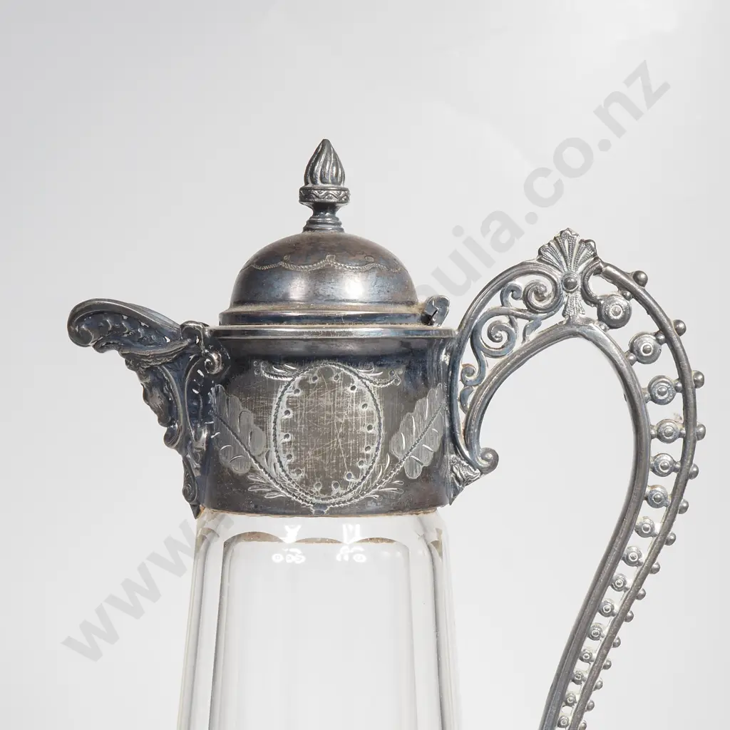 Victorian Silver Plated Claret Jug w Faceted Glass Body & Silver Plated Mounts & Decorative Openwork Handle Image 1++