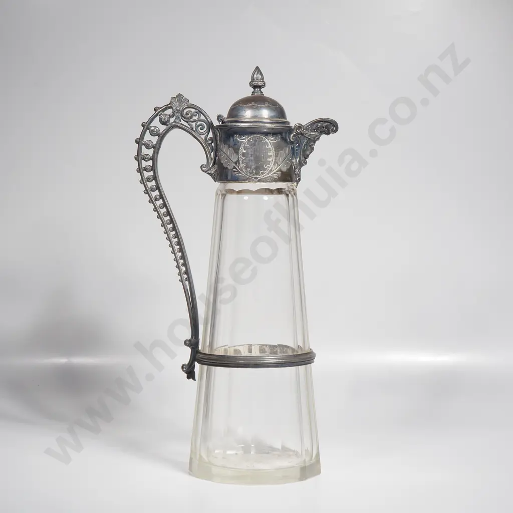 Victorian Silver Plated Claret Jug w Faceted Glass Body & Silver Plated Mounts & Decorative Openwork Handle Image 1++